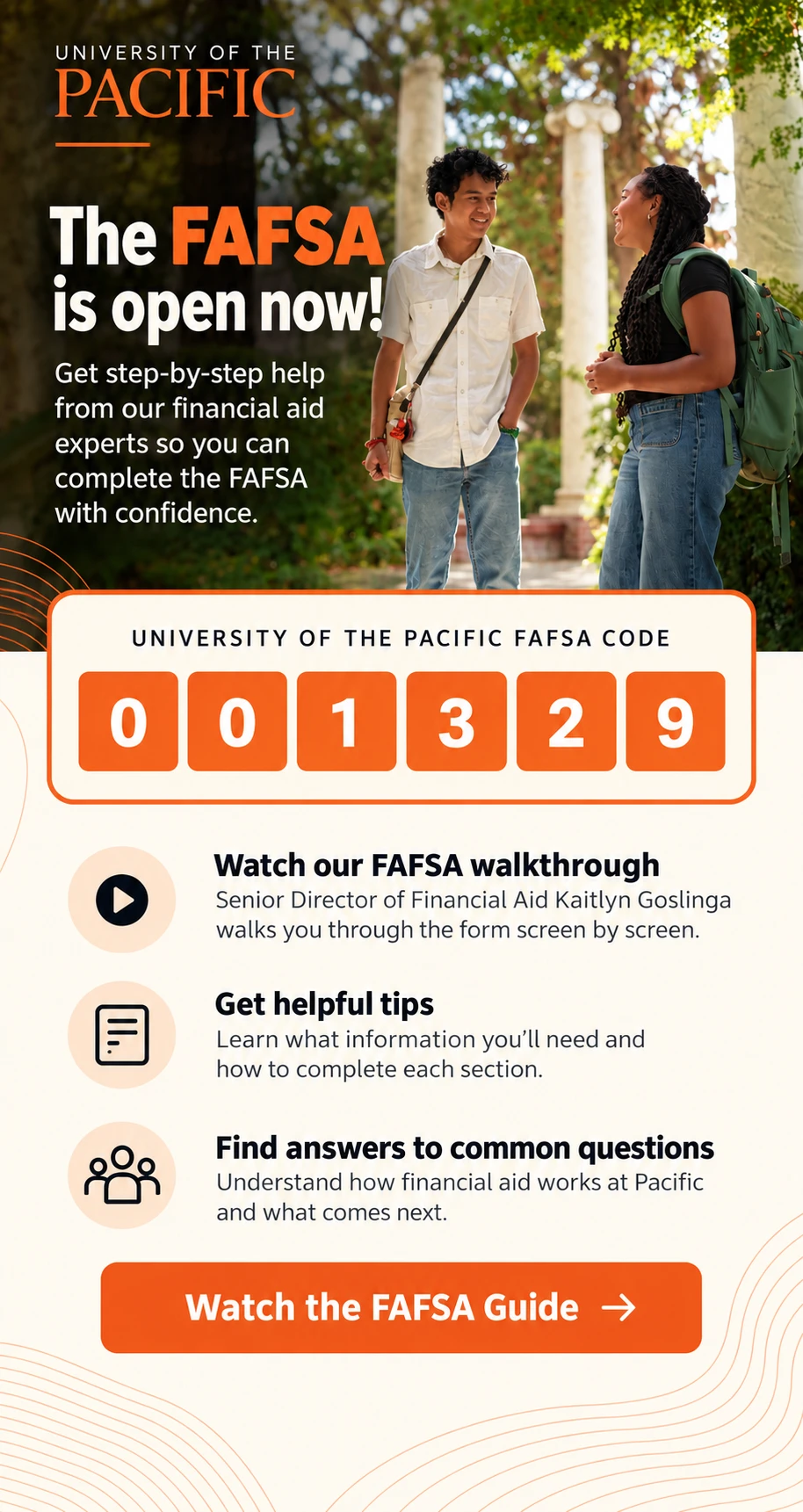 University ad for FAFSA assistance; student with backpack and man in background.